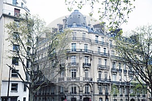 Houses on french streets of Paris. citylife concept, black balcony lace