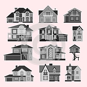 Houses front view vector illustration building architecture home construction estate residential property roof set