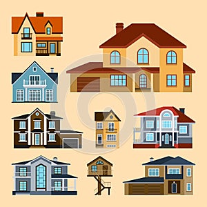 Houses front view vector illustration building architecture home construction estate residential property roof set