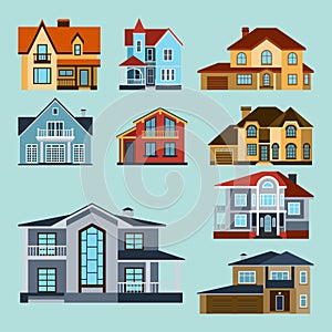 Houses front view vector illustration building architecture home construction estate residential property roof set