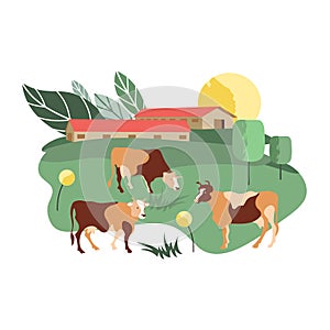 Houses and grazing cows. Vector illustration. Cow silhouette made of multi-colored segments. .