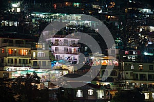 Houses at Himalaya mountains at night in Dharamsala, India