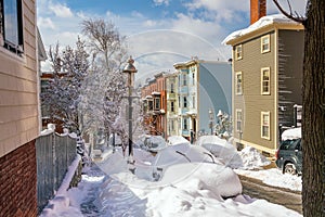 Houses in historic Bunker Hill area after snow storm in Boston, Massachusetts