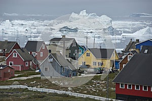 Houses and icebergs in Ilulissat, Greenland