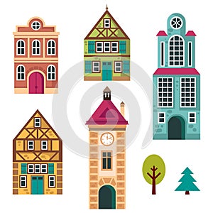Houses icon, cottage buildings set, vector cartoon illustration, exterior design, facade, front view.