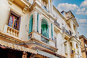 Houses of the Jewish quarter, at the Mellah street. Typical balconies Jewish Quarter of Fez Morocco. Africa.