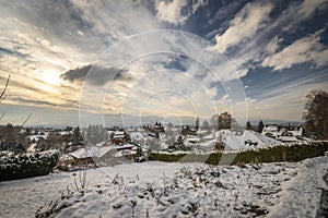 Houses in Liberec city in winter snowy day in Ruprechtice part of town photo