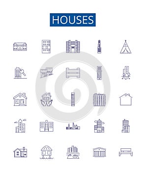 Houses line icons signs set. Design collection of Home, Abode, Mansion, Residence, Cottage, Hut, Dwelling, Lodge outline