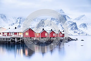 Houses in the Lofoten islands bay.