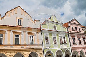 Houses at Masaryk square in the old town of Trebon, Czech Republi