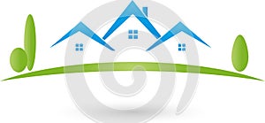 Houses and meadow, real estate agent and real estate logo