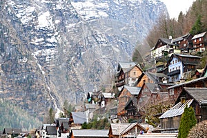 Houses on the mountain in Hallstatt town in Alps, Austria