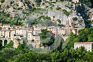 Houses in Moustiers Sainte Marie village view in Provence