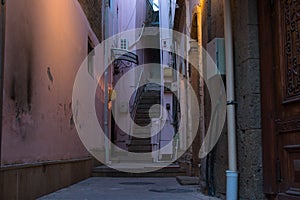 Houses and narrow streets of the old city of Baku. Evening time in the old town of Icherisheher