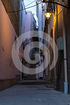 Houses and narrow streets of the old city of Baku. Evening time in the old town of Icherisheher