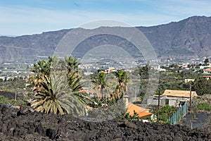 Houses near lava field from volcano Cumbre Vieja, la Palma