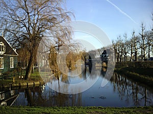 Houses nestled along a serene riverbank, surrounded by lush greenery