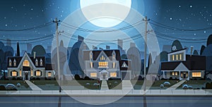 Houses Night View Suburb Of Big City, Cottage Real Estate Cute Town Concept