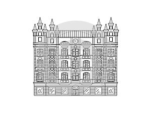 Houses outline of the Czech Republic. European old facades of streets and houses. The city of Plzen. Vector line art