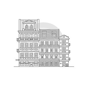 Houses outline of the Czech Republic. European old facades of streets and houses. The city of Plzen. Vector line art