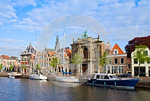 Houses over canal in old Haarlem, Holland