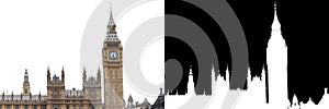 Houses of Parliament and Big Ben in London, England, United Kingdom, isolated on white background with clipping mask and path
