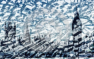 Houses of Parliament and Big Ben in London superimposed with broken glass