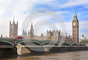 Houses of Parliament, Big Ben at sunset and Westminster Bridge, London