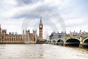 Houses of parliament with Big Ben tower and Westminster bridge in London, UK