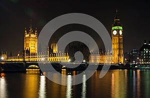 Houses of Parliament, Big Ben, Westminster Bridge, London at Night