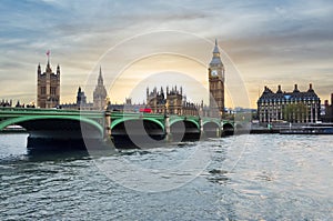 Houses of Parliament, Big Ben and Westminster bridge at sunset, London, United Kingdom