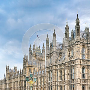 Houses of Parliament in London as seen from main street near Cromwell Green