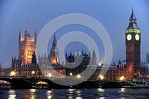 Houses of Parliament in the snow at nightfall photo