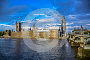 Houses of Parliament, Westminster bridge and The Big Ben clock tower under repair and maintenance, London, UK