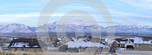 Houses in a residential area with Mount Timpanogos, Wasatch mountain view at Saratoga Springs, Utah