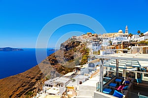Houses and restaurants in town of Fira - island of Santorini Greece