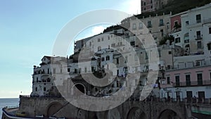 Houses and roads on steep cliff of Amalfi coast in Atrani