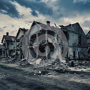 Houses in ruins, aftermath of urban warfare and destruction photo