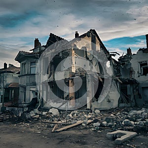 Houses in ruins, aftermath of urban warfare and destruction photo