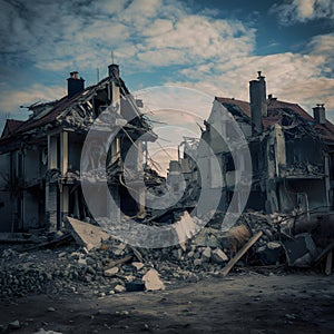 Houses in ruins, aftermath of urban warfare and destruction photo