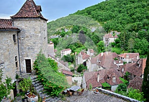 Houses of Saint-Cirq-Lapopie, medieval village of the Lot, in France