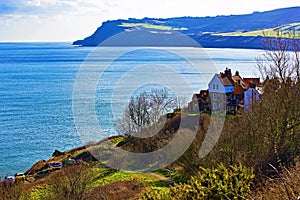 Houses by the sea in Robin Hood`s Bay, North Yorkshire.