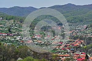 Houses seen from the top of the hill. spring time at the village