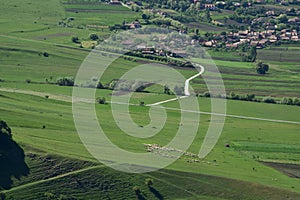 Houses seen from the top of the hill. spring time at the village