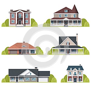 Houses set. Suburban American houses exterior flat design front view with roof and some trees. Collection of classic and modern