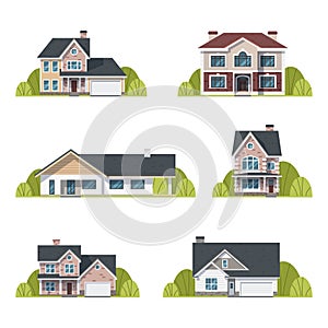 Houses set. Suburban houses exterior flat design front view with roof and some trees. Collection of classic and modern houses