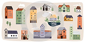 Houses set vector illustration. Small building for city or village design in trendy modern flat cartoon style. Cute