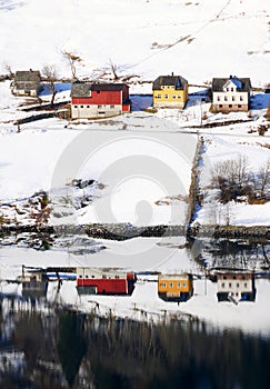 Houses on the shore of Sognefjord in winter. Norway, Europe