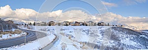 Houses on a snowy highland area at Draper, Utah with Mount Timpanogos view