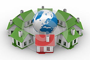 Houses standing around globe on white background